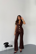 KETEN GOLD DÜĞMELİ YELEK - PANTOLON TK - Kahverengi