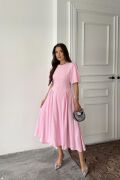 Pembe Arkadan Bağlamalı Büzgülü Keten Elbise