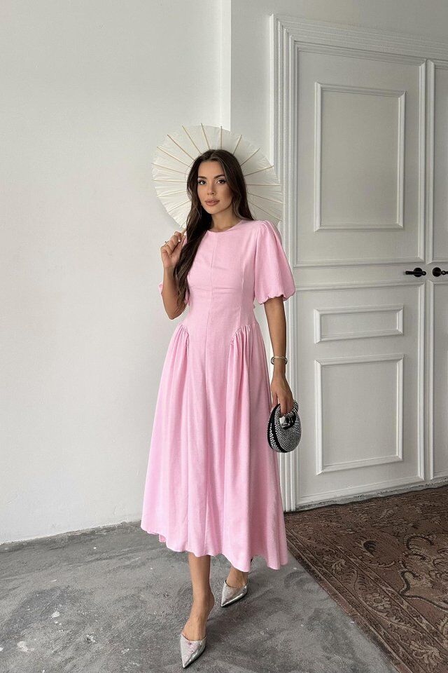 Pembe Arkadan Bağlamalı Büzgülü Keten Elbise