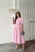 Pembe Arkadan Bağlamalı Büzgülü Keten Elbise