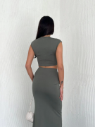 Osy Modal Yumuşak Dokulu Kumaş Büzgülü Crop Etek Takım - Mint Yeşili