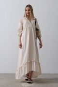 Çizgili Oversize V Yaka Elbise - Bej