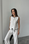 KETEN KENARLARI BİYELİ YELEK - PANTOLON TAKIM - Beyaz