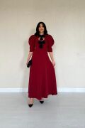 Bordo Ön Dekolteli Fiyonk Garnili Uzun Elbise