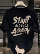 Baskılı Oversize Bisiklet Yaka T-shirt - Siyah