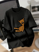 Baskılı Oversize Bisiklet Yaka T-shirt - Siyah